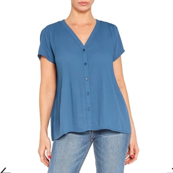 Pleione  Plisse Pleated V-neck Blouse In Slate Blue SP - Picture 9 of 16